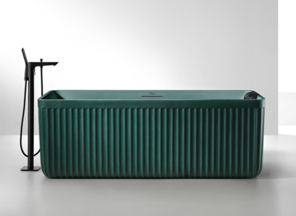 Contemporary Ribbed Solid Surface Bathtub – Rectangular Freestanding Design with Headrest